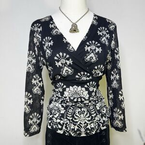 Vtg Y2K Art Deco Black White Sheer Mesh Faux Wrap V-Neck Top Whimsygoth Fairy XL